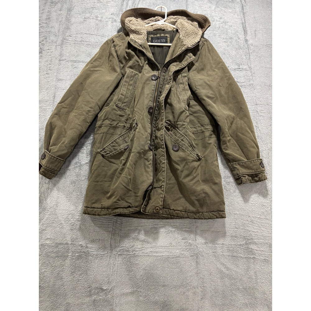 Guess Womens M Olive Green Hooded Parka Jacket Sherpa Lined Vintage Casual Cozy - Picture 10 of 10